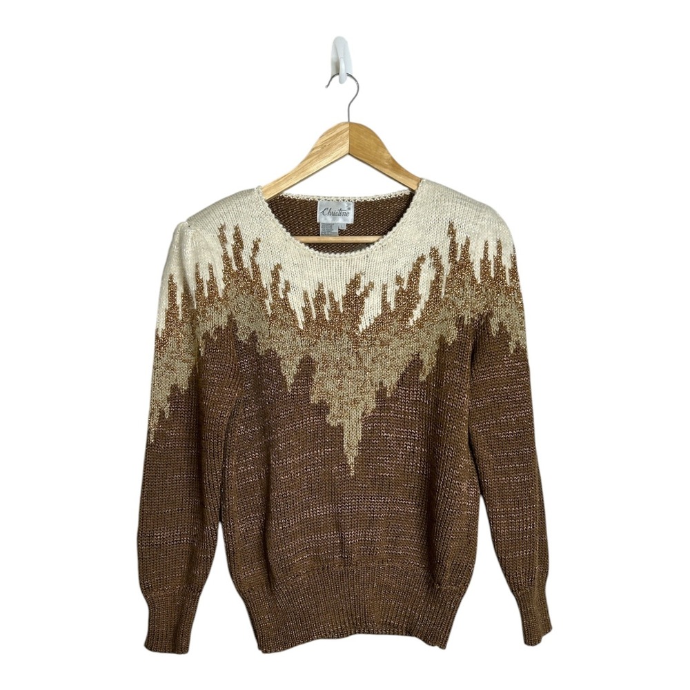 Vtg 80s Christine Metallic Icicle Sweater Brown Gold Shimmer Angora L